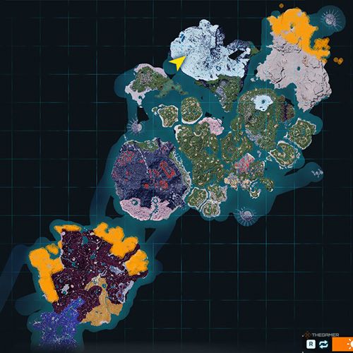 The orange-colored areas shows the possible Surfent Terra spawn location on the map in Palworld