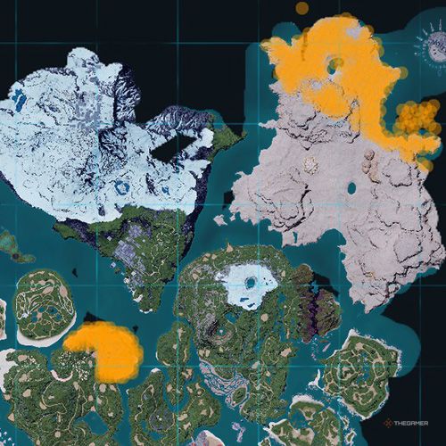 The orange-colored areas shows the possible Digtoise spawn location on the map in Palworld