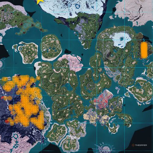 The orange-colored areas shows the possible Flambelle spawn location on the map in Palworld