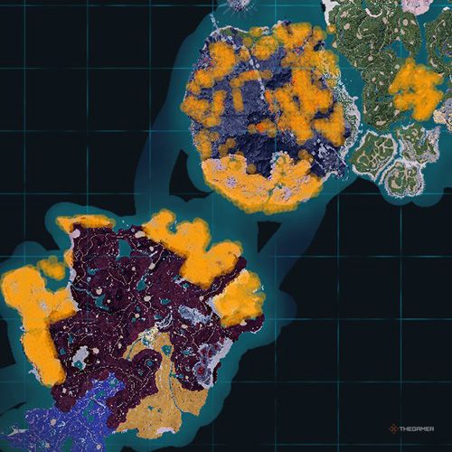 The orange-colored areas shows the possible Vanwyrm spawn location on the map in Palworld