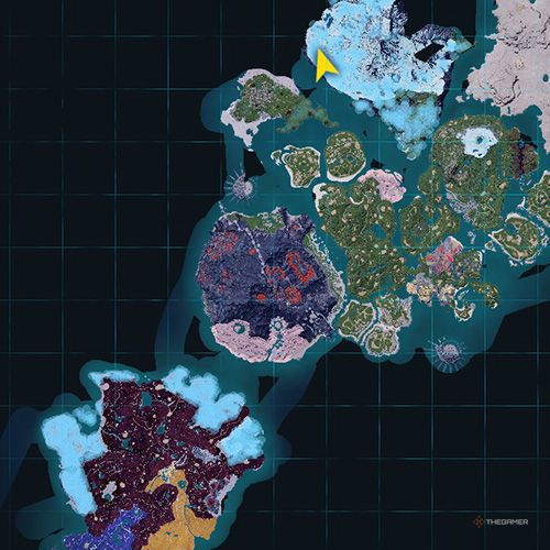 The orange-colored areas shows the possible Vanwyrm Cryst spawn location on the map in Palworld