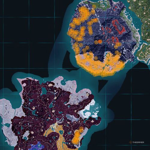 The orange-colored areas shows the possible Ragnahawk spawn location on the map in Palworld