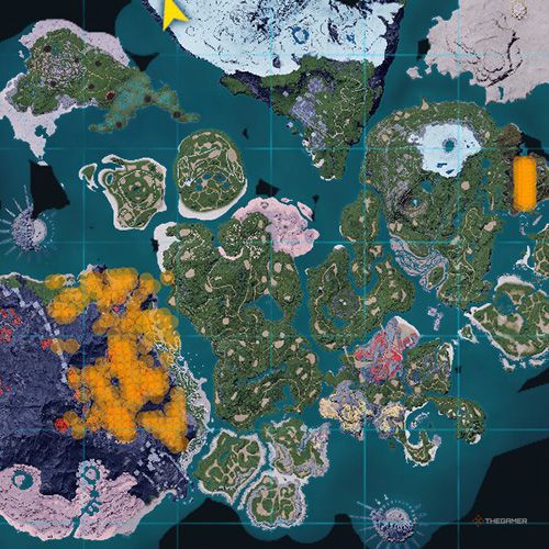 The orange-colored areas shows the possible Wixen spawn location on the map in Palworld