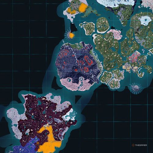 The orange-colored areas shows the possible Verdash spawn location on the map in Palworld