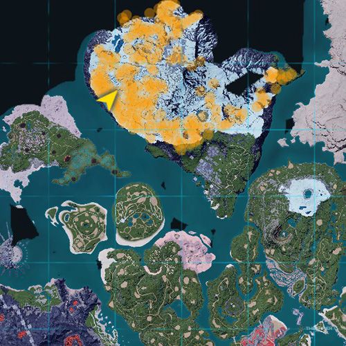 The orange-colored areas shows the possible Sİbelyx spawn location on the map in Palworld