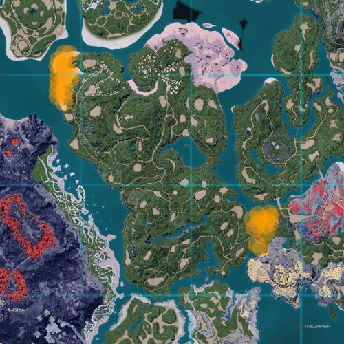 The orange-colored areas shows the possible Kelpsea spawn location on the map in Palworld