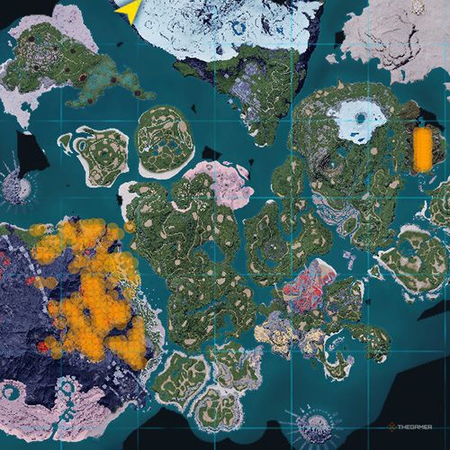 The orange-colored areas shows the possible Kelpsea Ignis spawn location on the map in Palworld