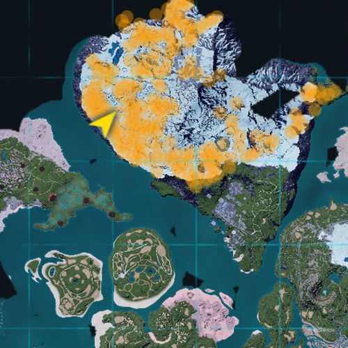 The orange-colored areas shows the possible Cryolinx spawn location on the map in Palworld