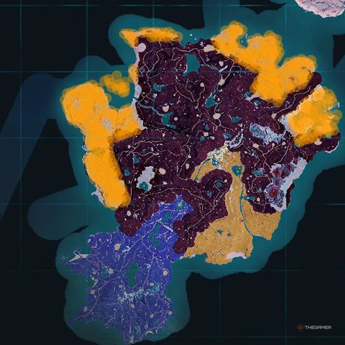 The orange-colored areas shows the possible Cryolinx Terra spawn location on the map in Palworld