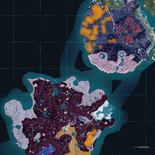 The orange-colored areas shows the possible Blazehowl spawn location on the map in Palworld