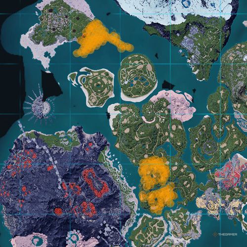 The orange-colored areas shows the possible Relaxaurus spawn location on the map in Palworld