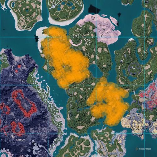 The orange-colored areas shows the possible Broncherry spawn location on the map in Palworld