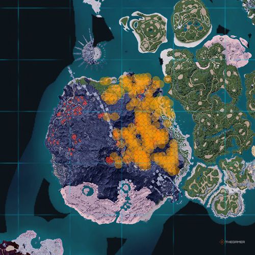 The orange-colored areas shows the possible Reptyro spawn location on the map in Palworld