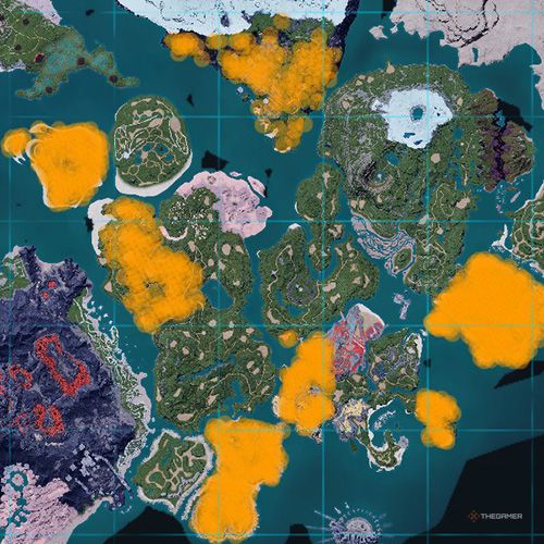 The orange-colored areas shows the possible Mammorest spawn location on the map in Palworld