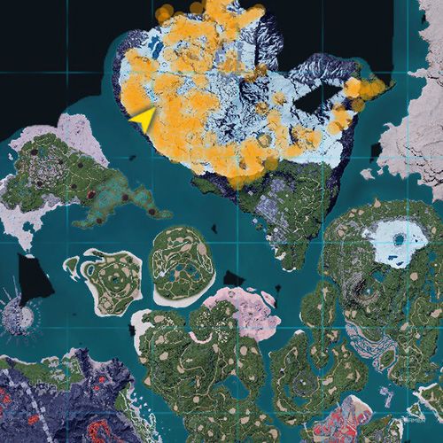 The orange-colored areas shows the possible Wumpo spawn location on the map in Palworld