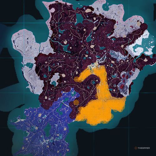 The orange-colored areas shows the possible Warsect Terra spawn location on the map in Palworld