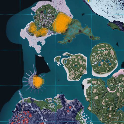 The orange-colored areas shows the possible Quivern spawn location on the map in Palworld