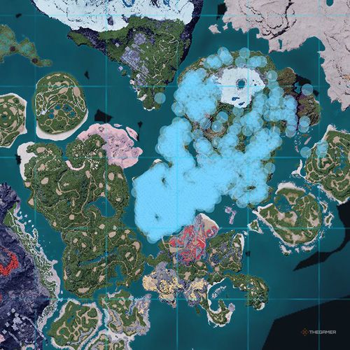 The orange-colored areas shows the possible Helzephyr spawn location on the map in Palworld