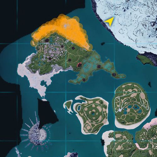 The orange-colored areas shows the possible Helzephyr Lux spawn location on the map in Palworld