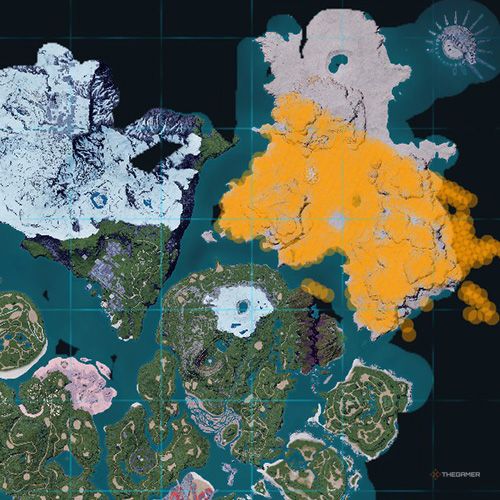 The orange-colored areas shows the possible Suzaku spawn location on the map in Palworld