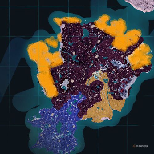 The orange-colored areas shows the possible Faleris Aqua spawn location on the map in Palworld