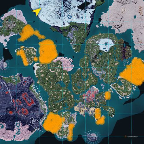 The orange-colored areas shows the possible Croajiro spawn location on the map in Palworld