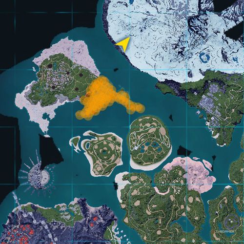 The orange-colored areas shows the possible Shroomer spawn location on the map in Palworld