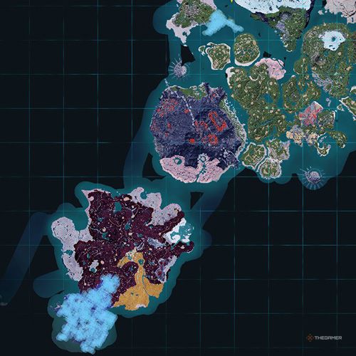 The orange-colored areas shows the possible Shroomer Noct spawn location on the map in Palworld