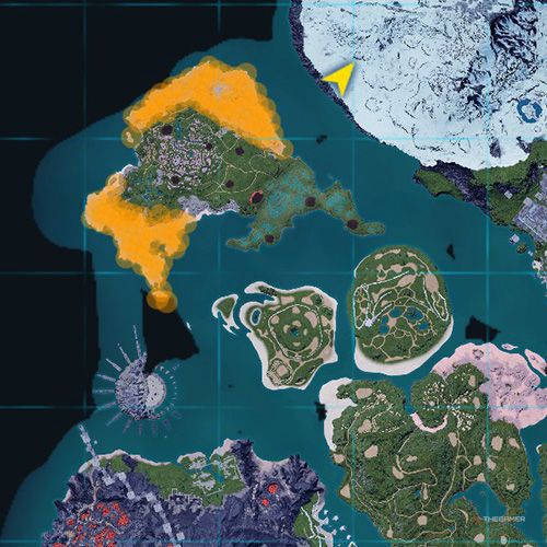 The orange-colored areas shows the possible Kikit spawn location on the map in Palworld