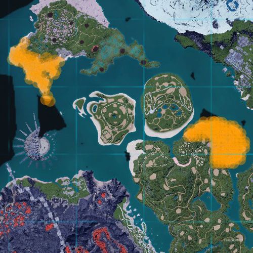 The orange-colored areas shows the possible Dazemu spawn location on the map in Palworld