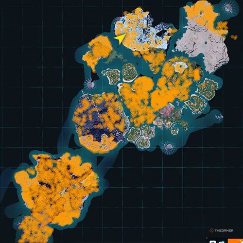 The orange-colored areas shows the possible Mimog spawn location on the map in Palworld