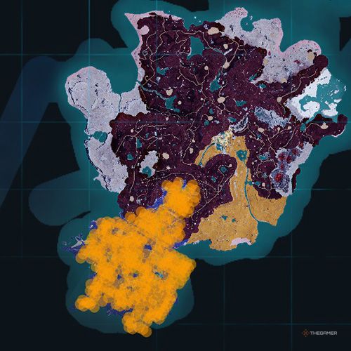 The orange-colored areas shows the possible Nitemary spawn location on the map in Palworld