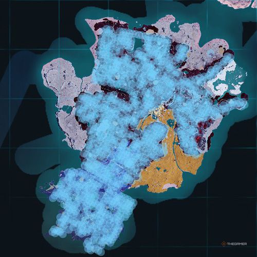 The orange-colored areas shows the possible Starryon spawn location on the map in Palworld