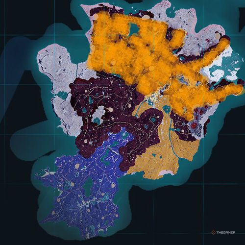 The orange-colored areas shows the possible Smokie spawn location on the map in Palworld