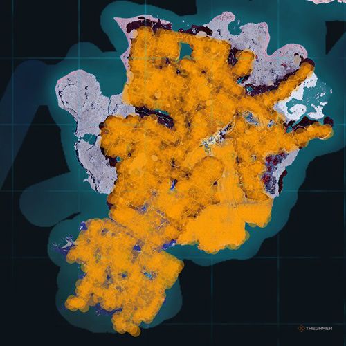 The orange-colored areas shows the possible Celesdir spawn location on the map in Palworld