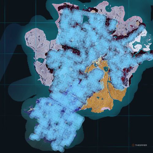 The orange-colored areas shows the possible Splatterina spawn location on the map in Palworld