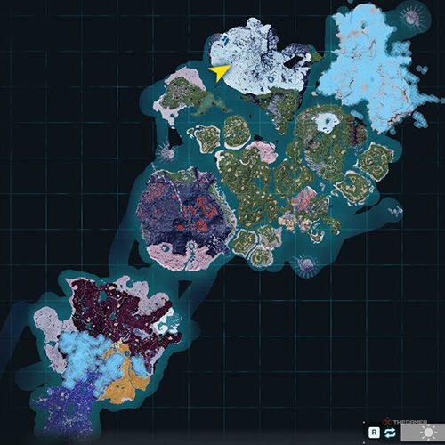 The orange-colored areas shows the possible Tarantriss spawn location on the map in Palworld