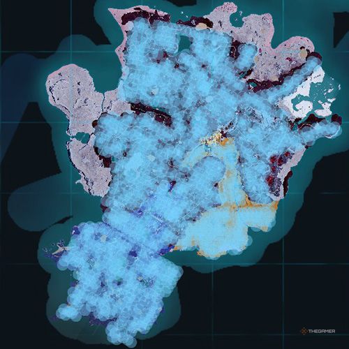 The orange-colored areas shows the possible Azurmane spawn location on the map in Palworld