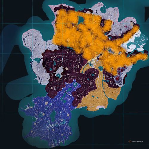 The orange-colored areas shows the possible Nyafia spawn location on the map in Palworld