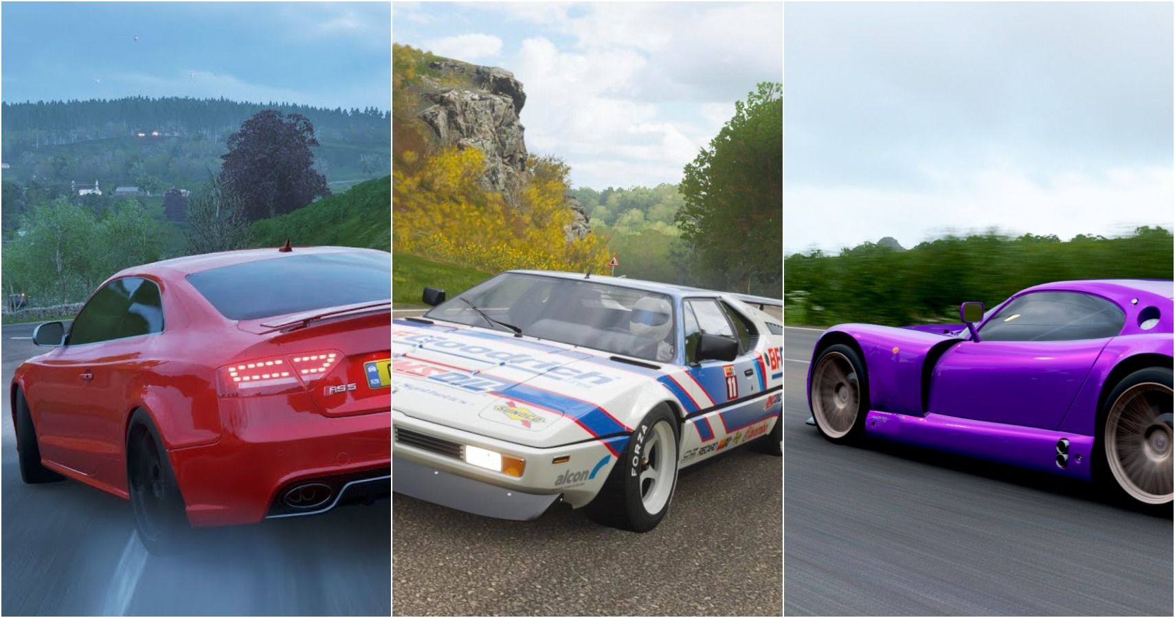 Forza Horizon 4 split image of the Audi RS5 Coupe, BMW M1, and TVR Cerbera Speed 12