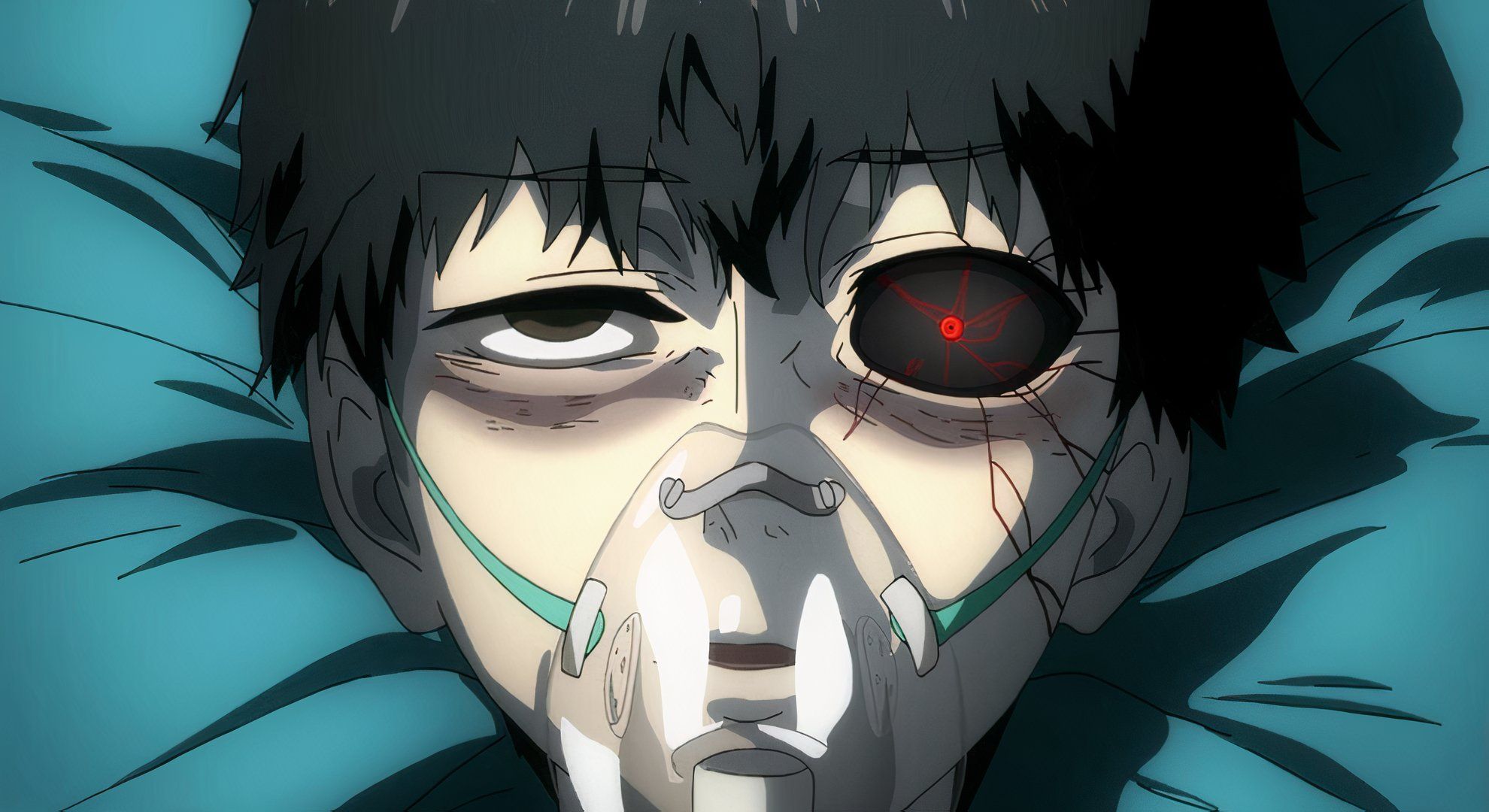 Kaneki after surgery barely awake in Tokyo Ghoul.