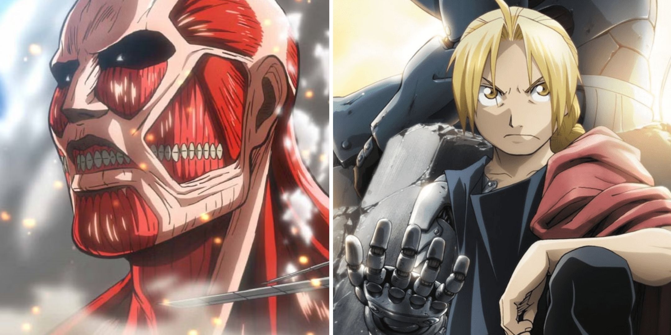 A collage of a titan from Attack On Titan and Edward from Full Metal Alchemist.