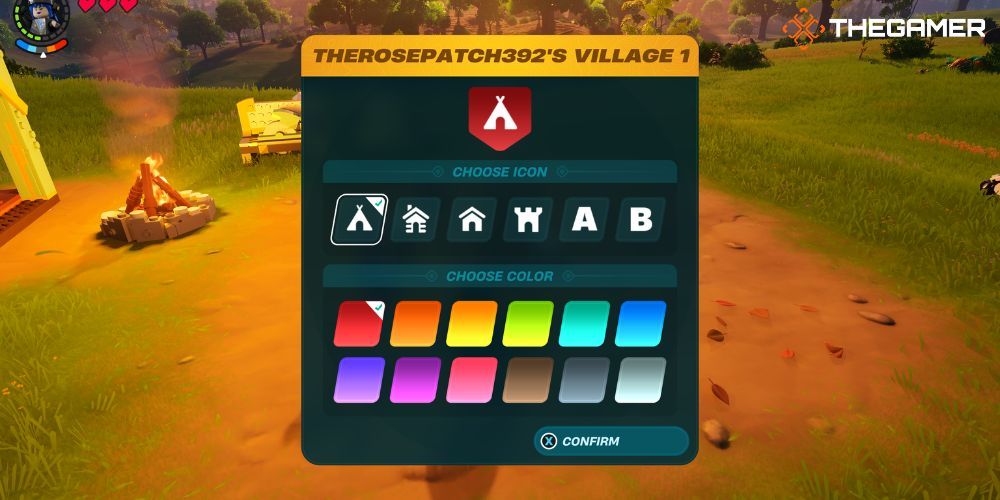 Lego Fortnite: Menu after placing Village Square where you chose the icon and color