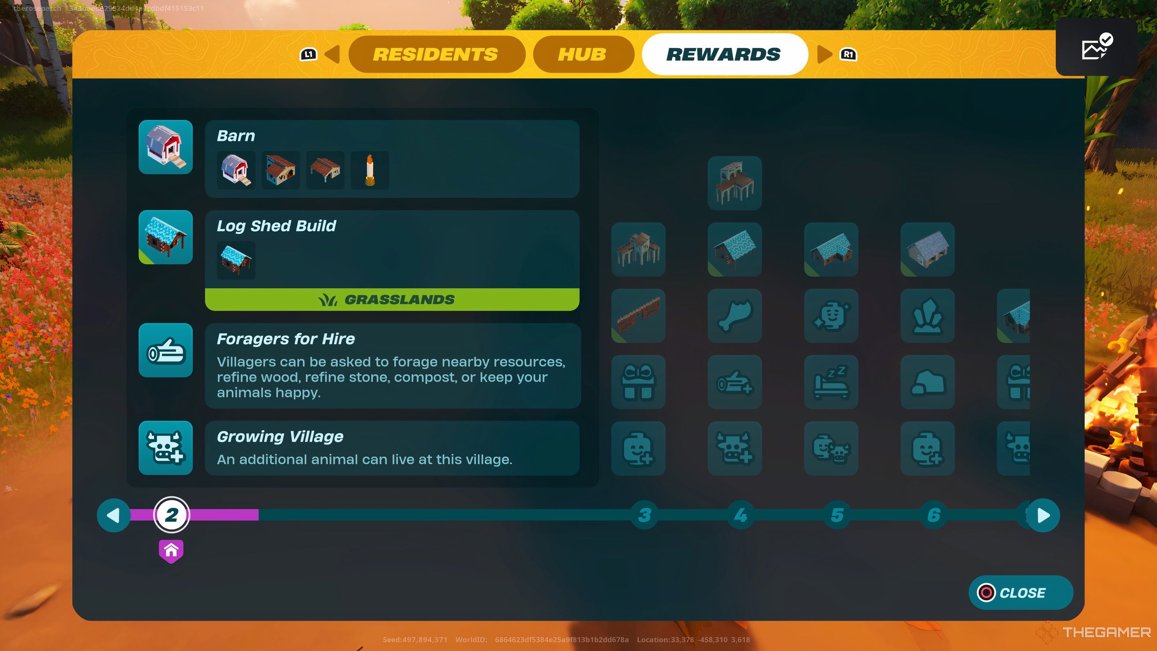 Village menu showing the Rewards tab which displays all available rewards for village upgrades in Lego Fortnite.