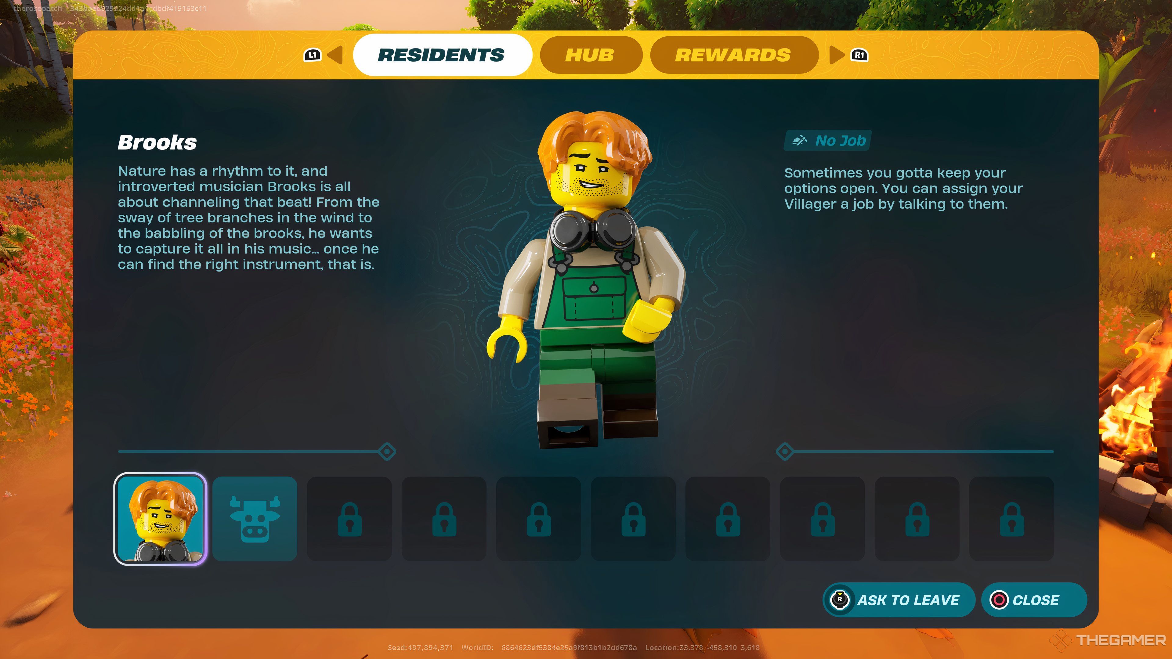 Village Menu Residents Tab showing current villagers and animals, as well as their jobs in Lego Fortnite.