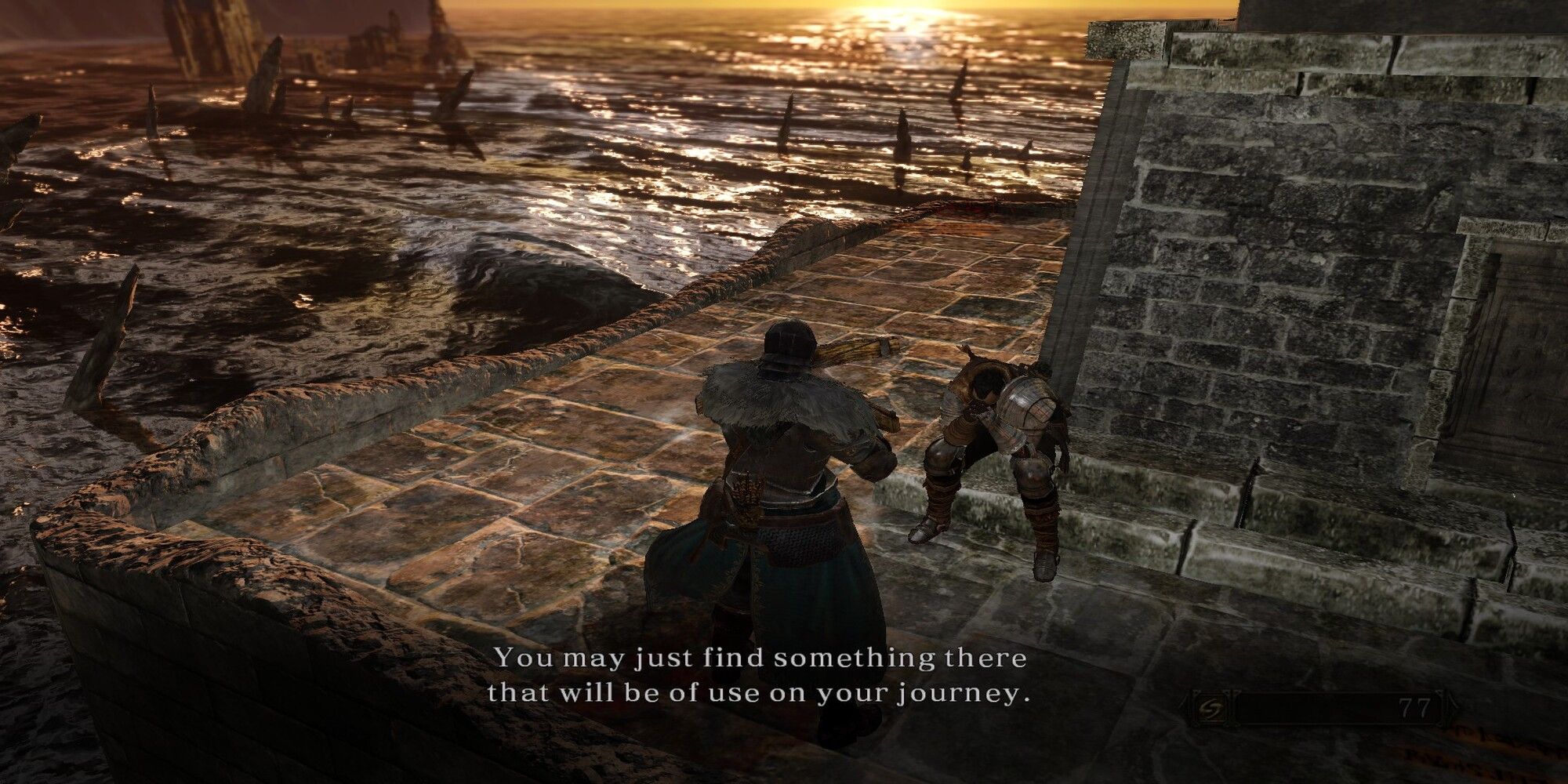 Dark Souls 2 image showing The NPC sitting near a statue and grabing his head with his hands.