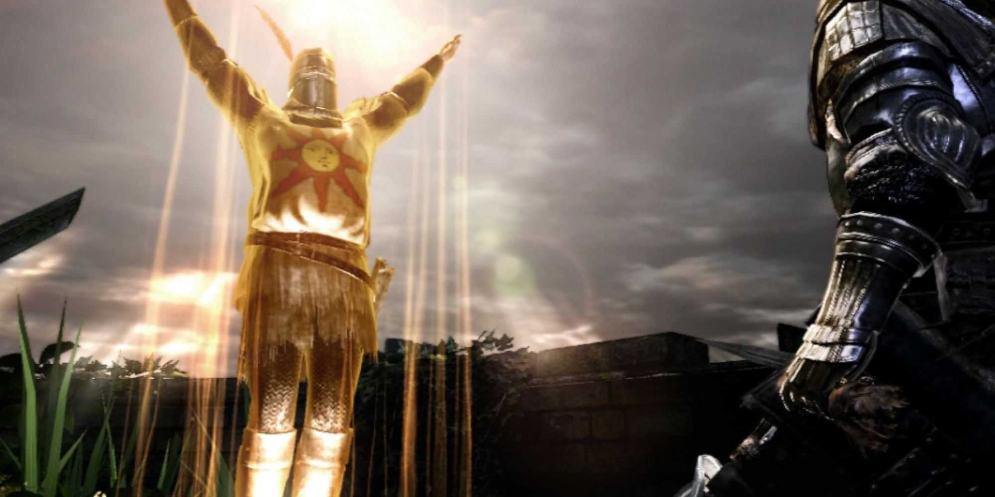 Praise the sun gesture being performed by Solaire from Dark Souls.