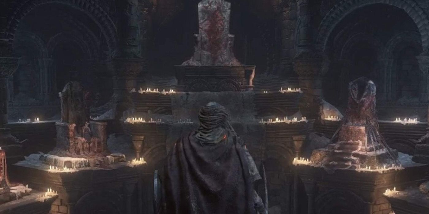 The player looking at the thrones of the lords of Cinder from Dark Souls 3.