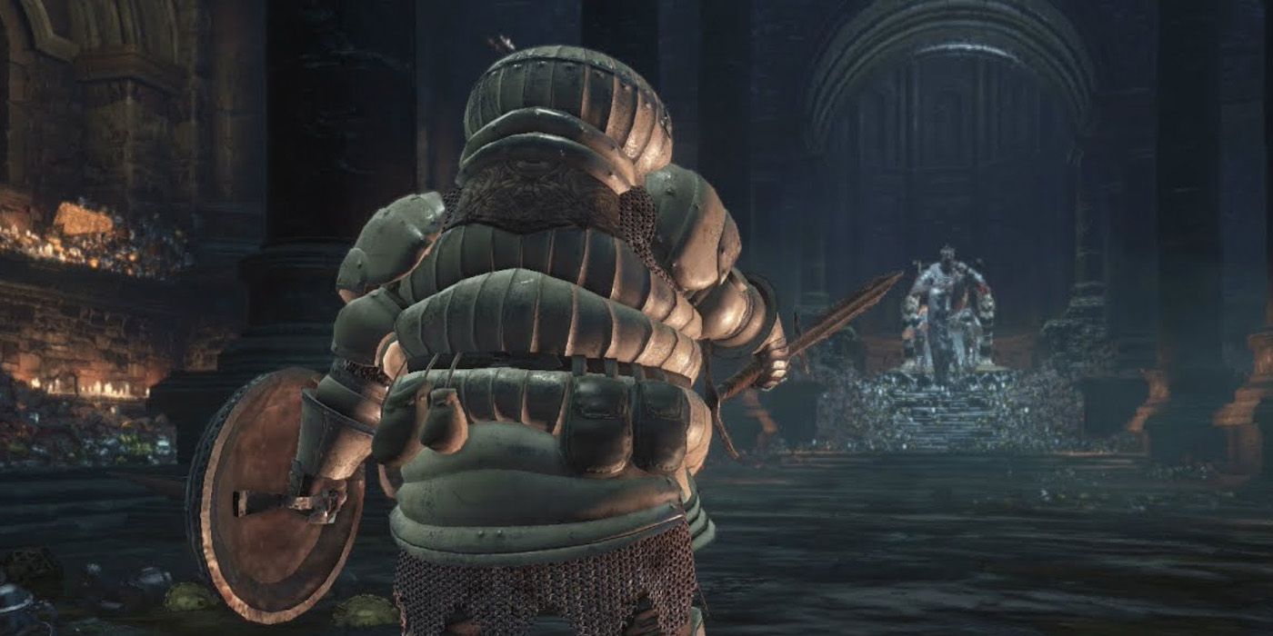 Siegward looking at Yhorm, ready to fight from Dark Souls 3.