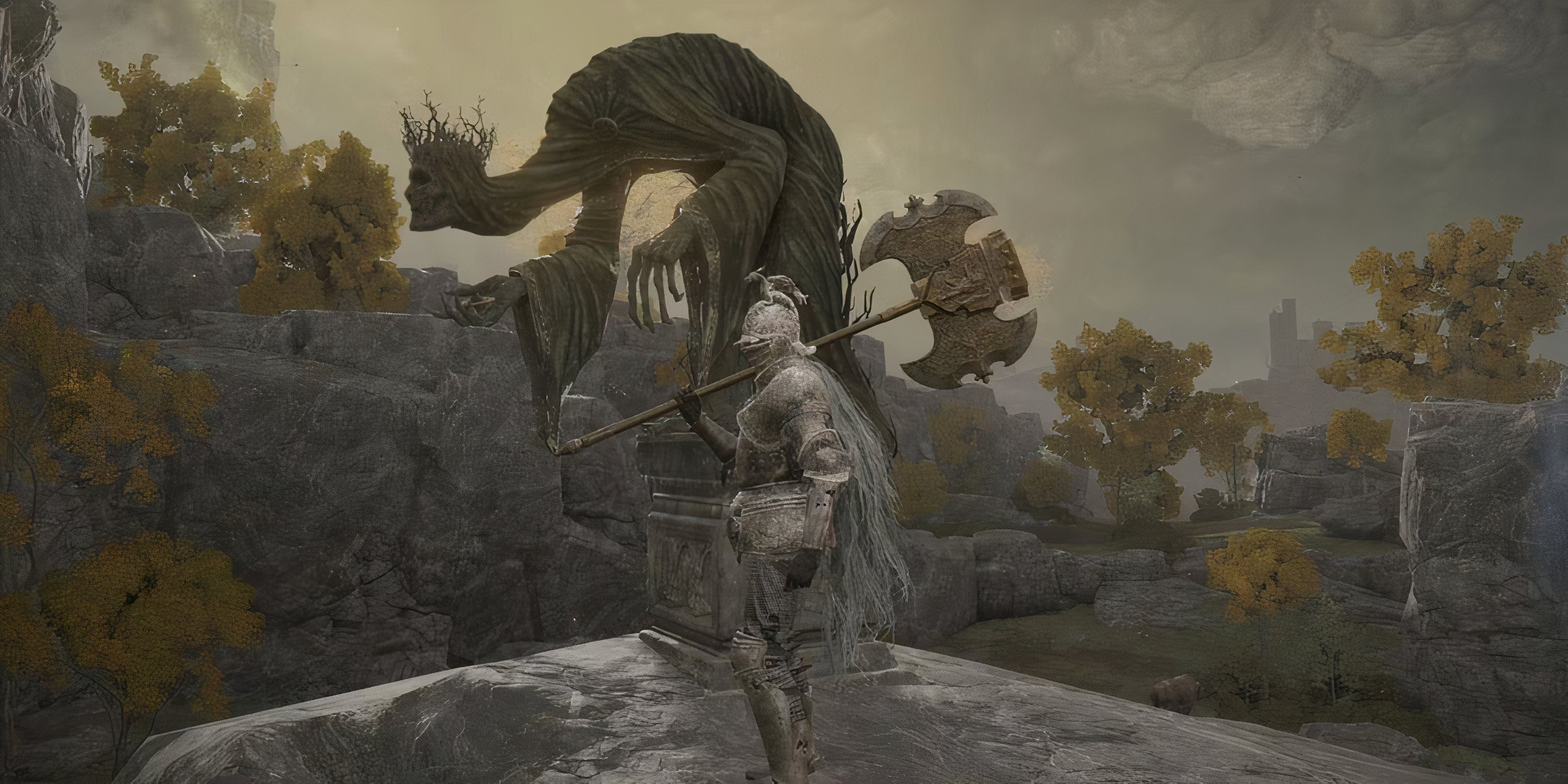 a statue pointing towards a catacomb in elden ring